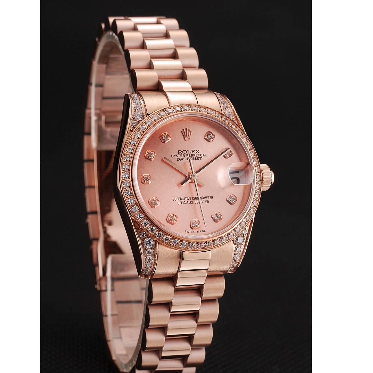 Aaa replica watch Case DateJust Swiss 1453977 Diamond Gold Gold Bracelet Rolex Dial Rose Rose 0724